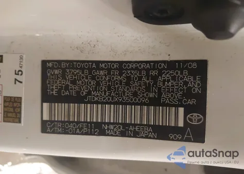 2009 Toyota Prius from USA, damaged, VIN JTDKB20UX93500096